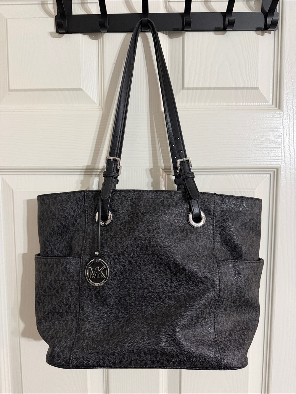 Michael Kors Black MK Logo Tote with Silver Hardware
